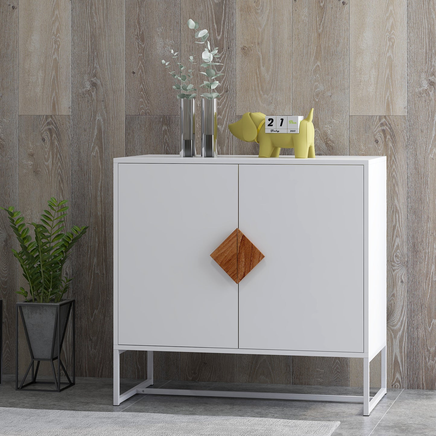 Minimalist White Storage Cabinet with Wood Handle