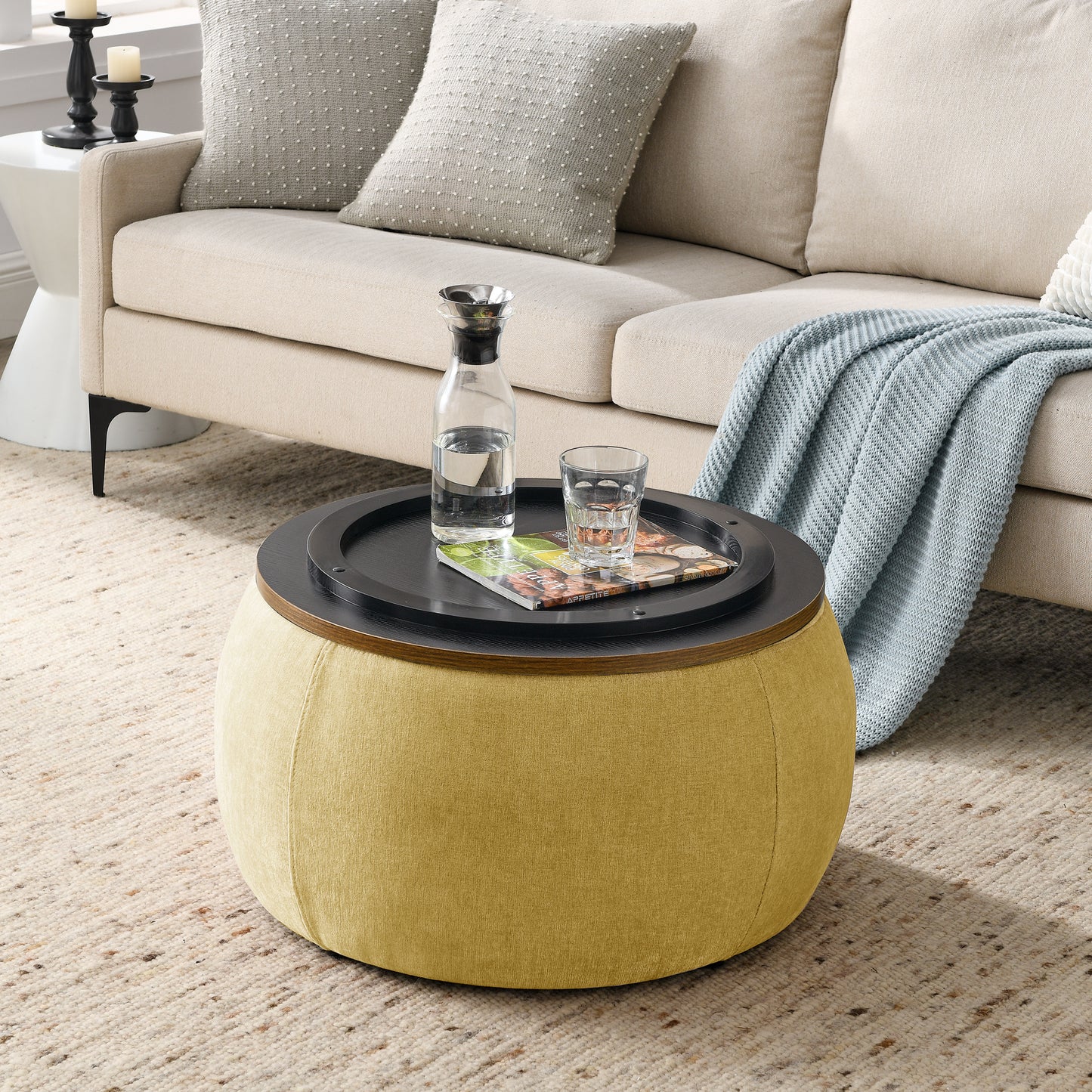 Round Storage Ottoman, Yellow