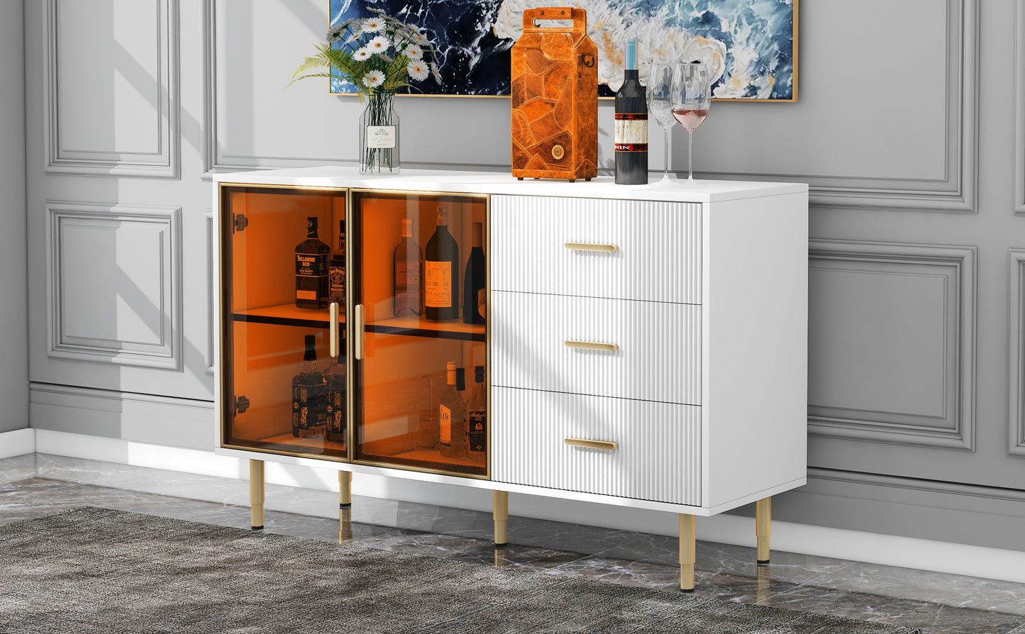 Modern Sideboard Buffet Cabinet with Amber-yellow Tempered Glass Doors