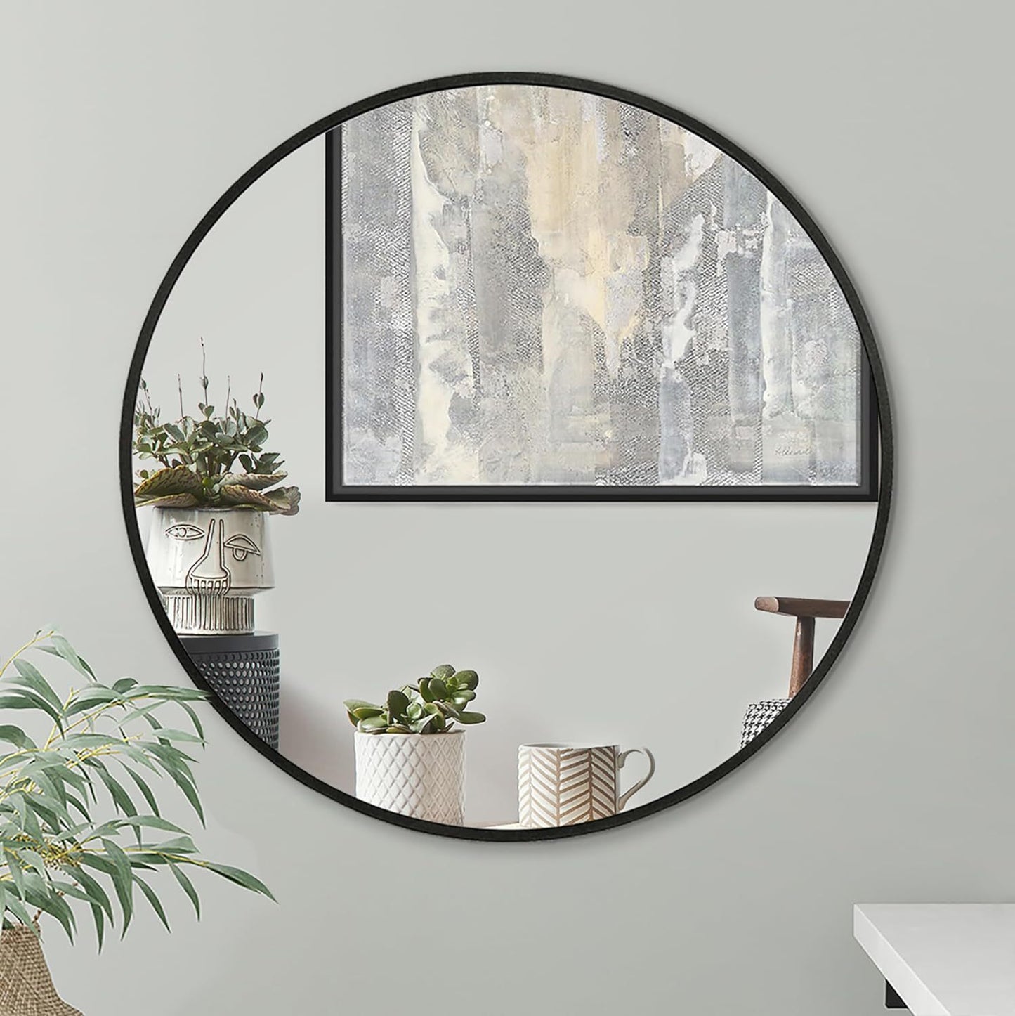 Round Mirror 32in Black Metal Frame