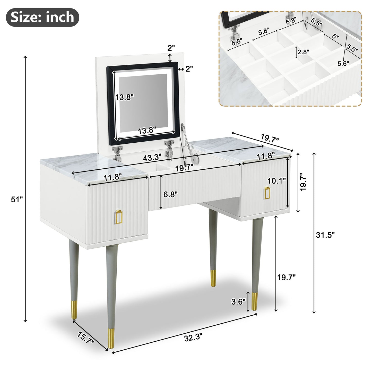 Modern Vanity Table Set with Flip-top Mirror and LED Light