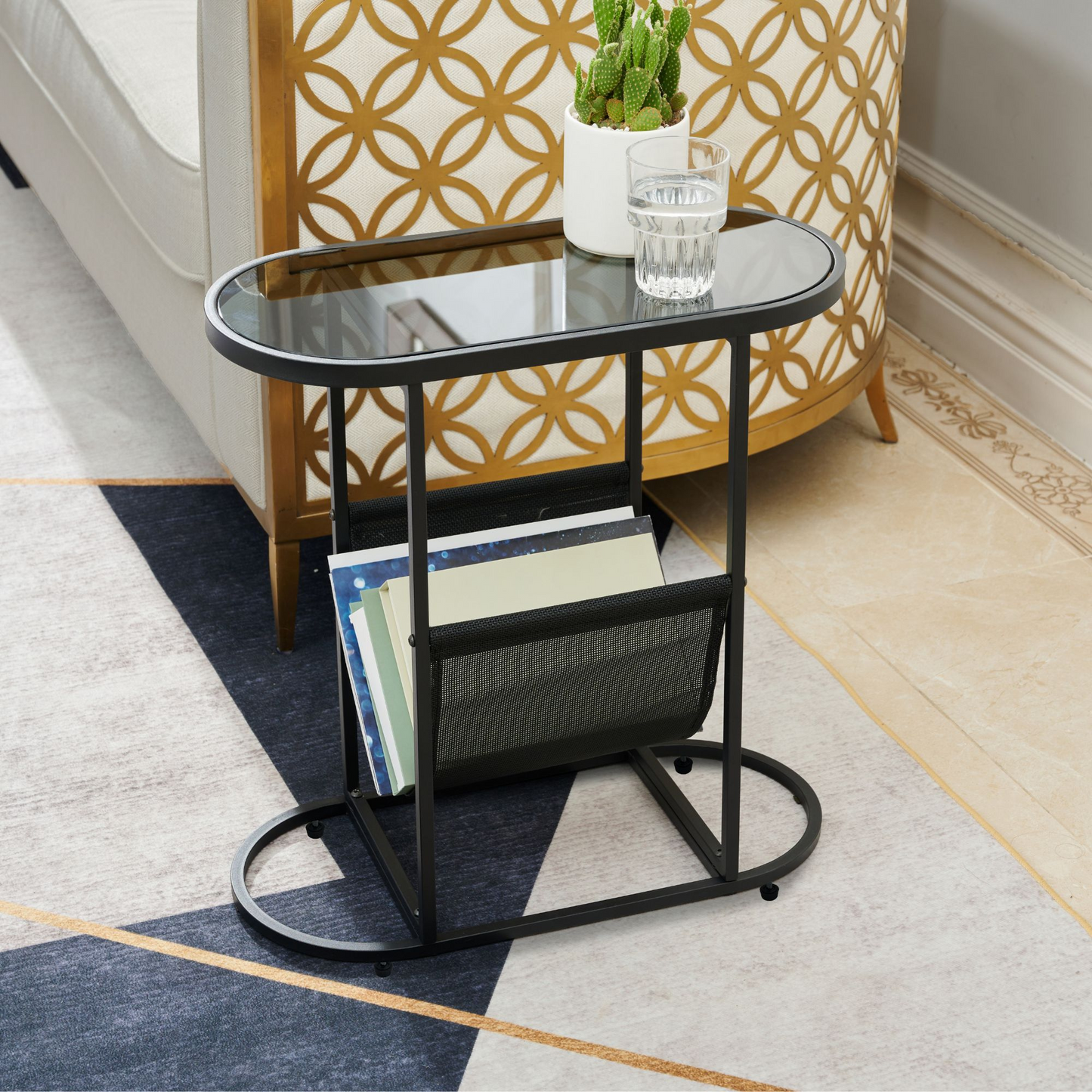 Glass Oval Small Side Tables with Magazines Organizer Storage Space (Set of 2)