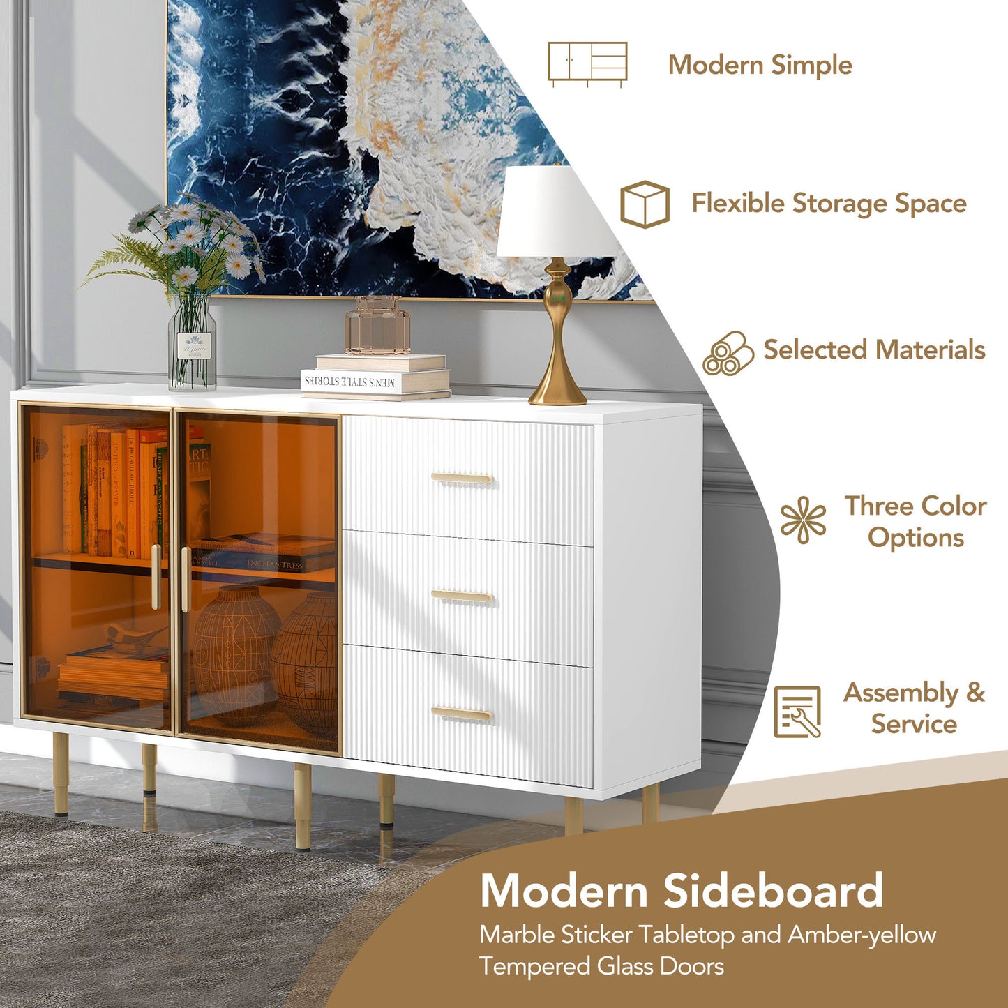 Modern Sideboard Buffet Cabinet with Amber-yellow Tempered Glass Doors