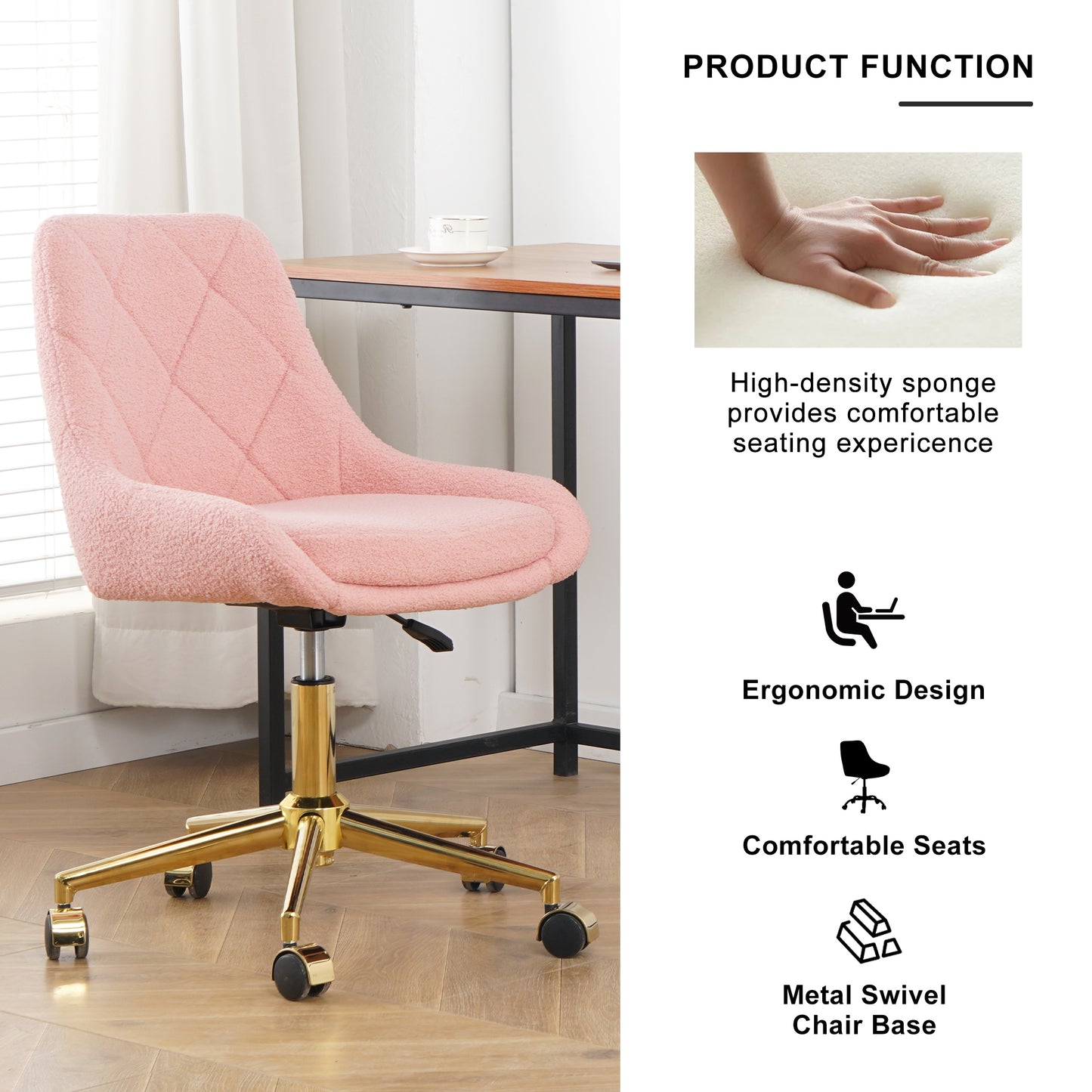 Plush Pink Tufted Office Chair with Gold Base