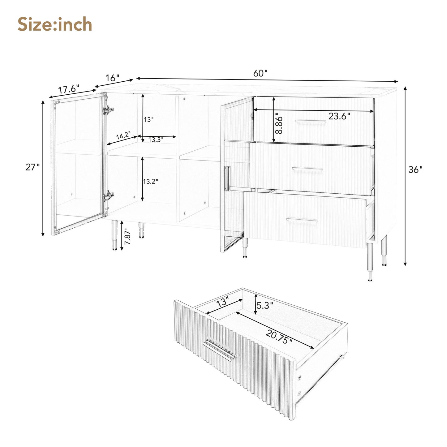 Modern Sideboard Buffet Cabinet with Amber-yellow Tempered Glass Doors