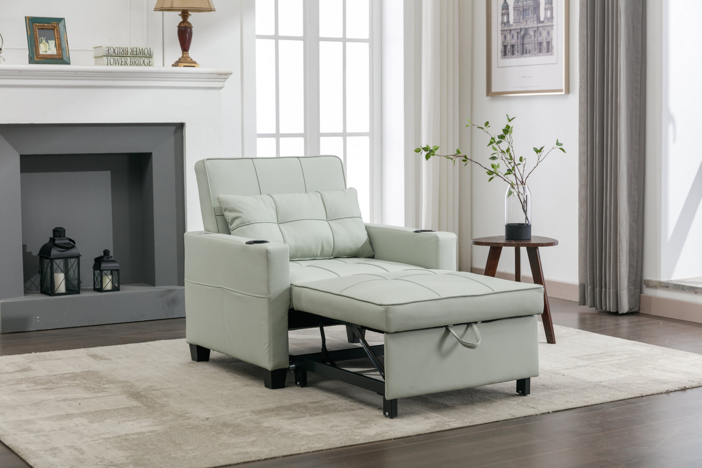 Green Leather Convertible Accent Chair 3-in-1 Pull Out Sleeper Chair with USB Ports