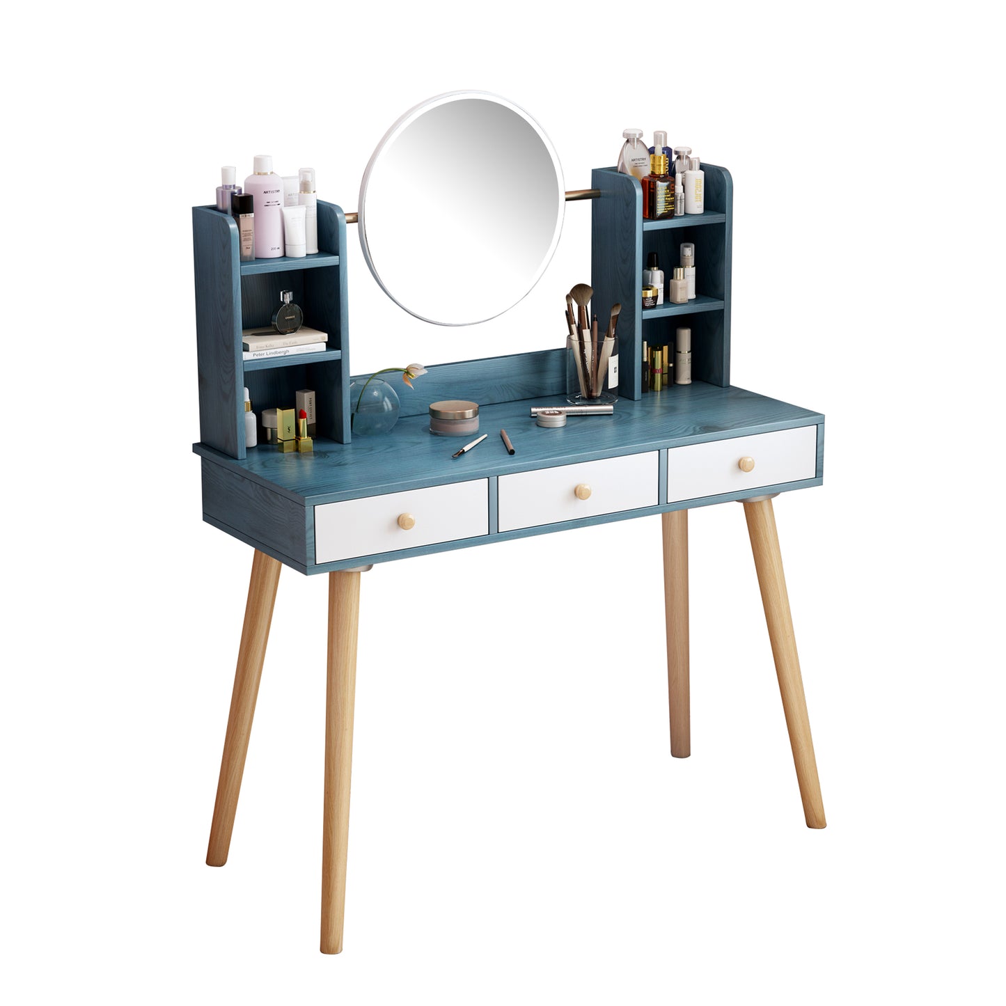 Blue Vanity Desk with Mirror and Lights