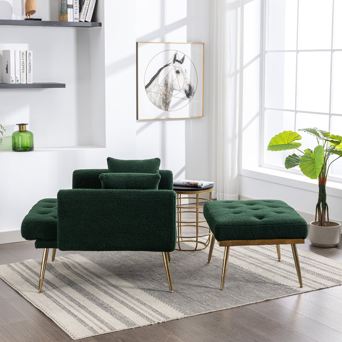 Green Wide Tufted Modern Accent Chair With Adjustable Backrest and Ottoman