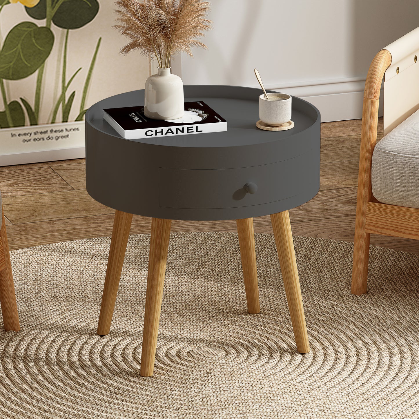 Gray Round Modern Side Table with Drawer