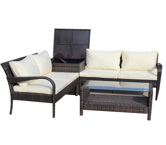 4 Piece Patio Sectional Outdoor Furniture Sofa Set with Storage Box