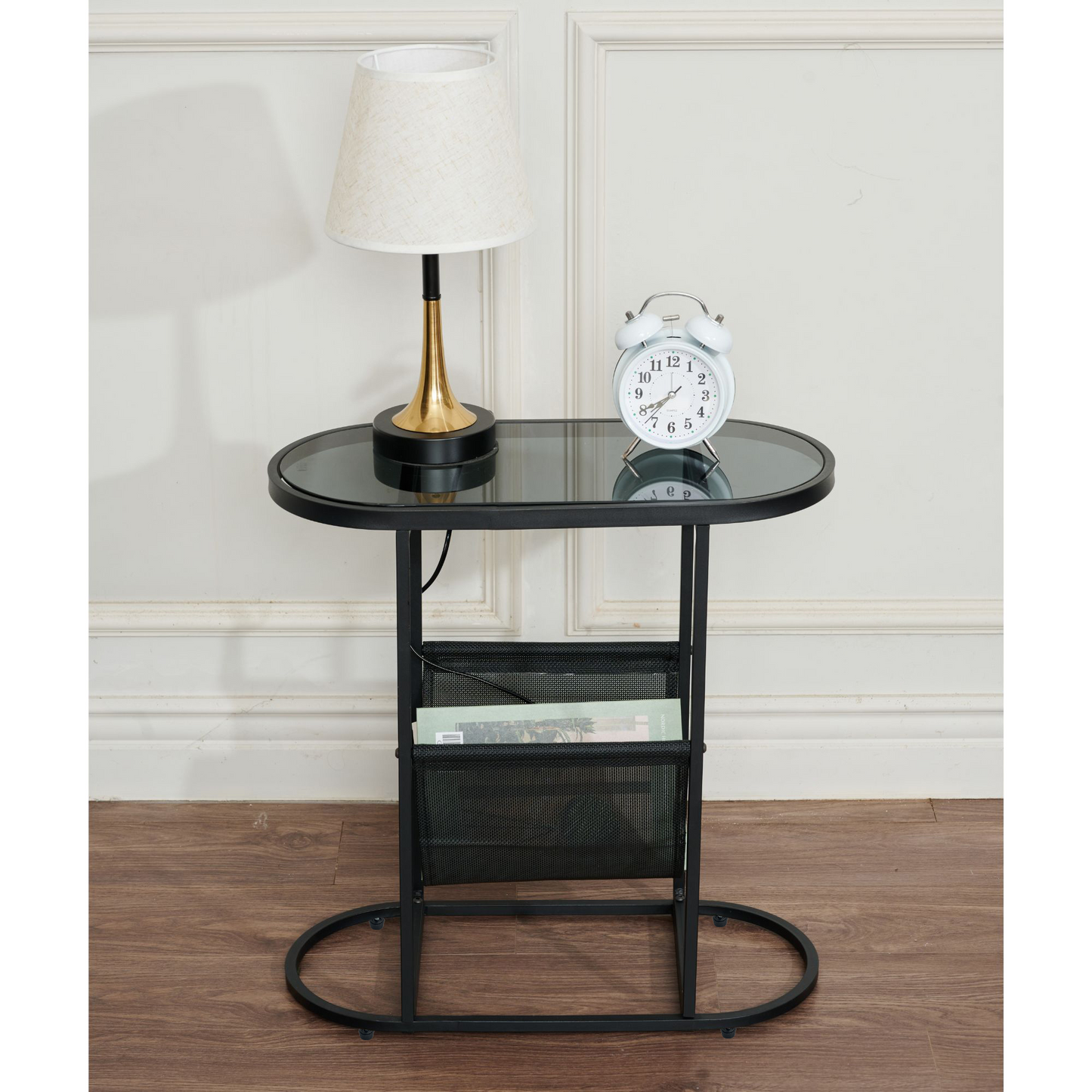 Glass Oval Small Side Tables with Magazines Organizer Storage Space (Set of 2)