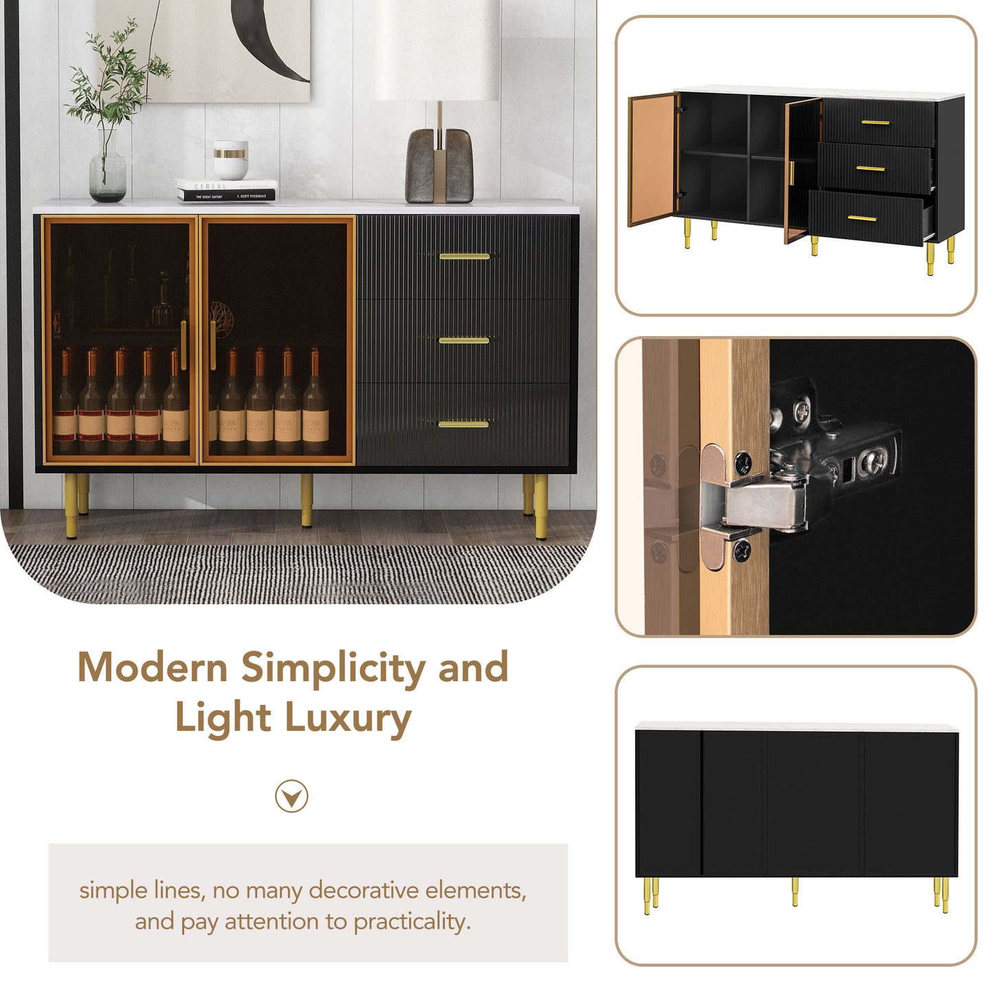 Contemporary Black and Gold Sideboard Buffet Cabinet