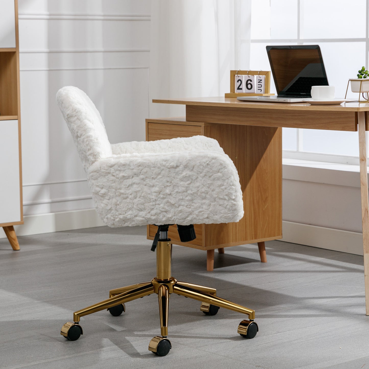 Cozy White Velvet Office Chair with Gold Base