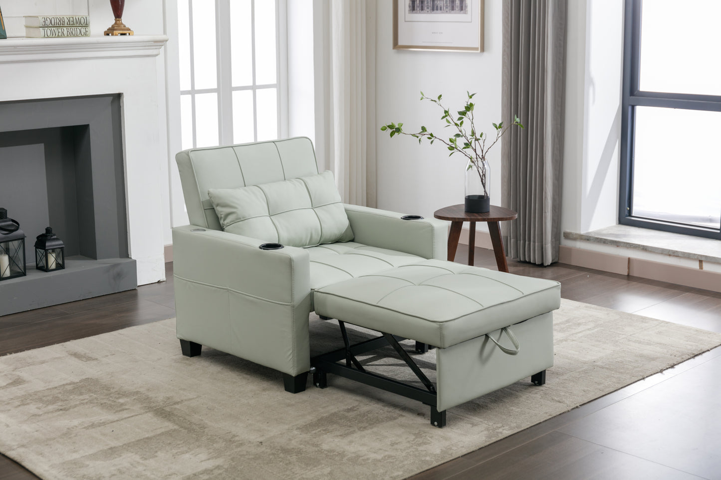 Green Leather Convertible Accent Chair 3-in-1 Pull Out Sleeper Chair with USB Ports