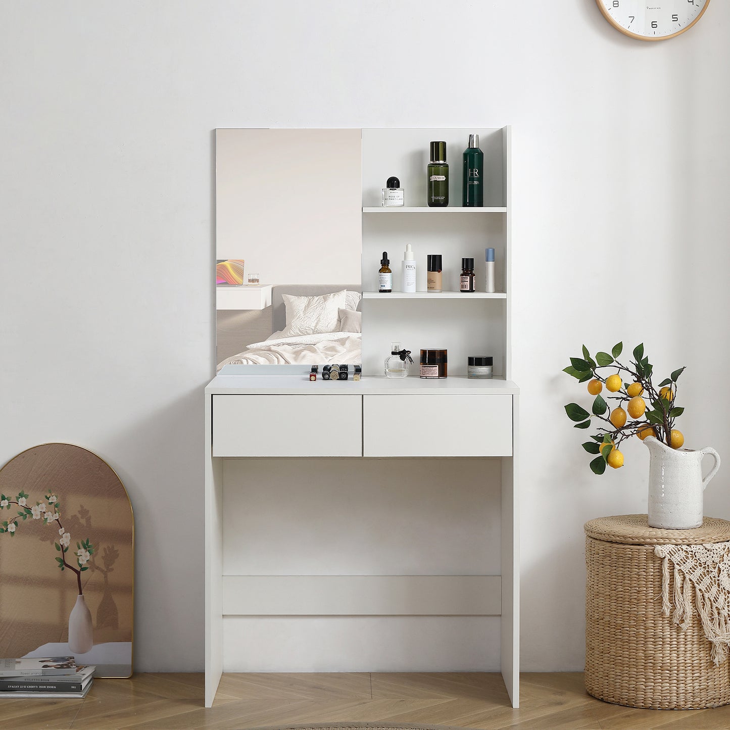 Vanity Desk with Mirror, Shelves, and Drawers