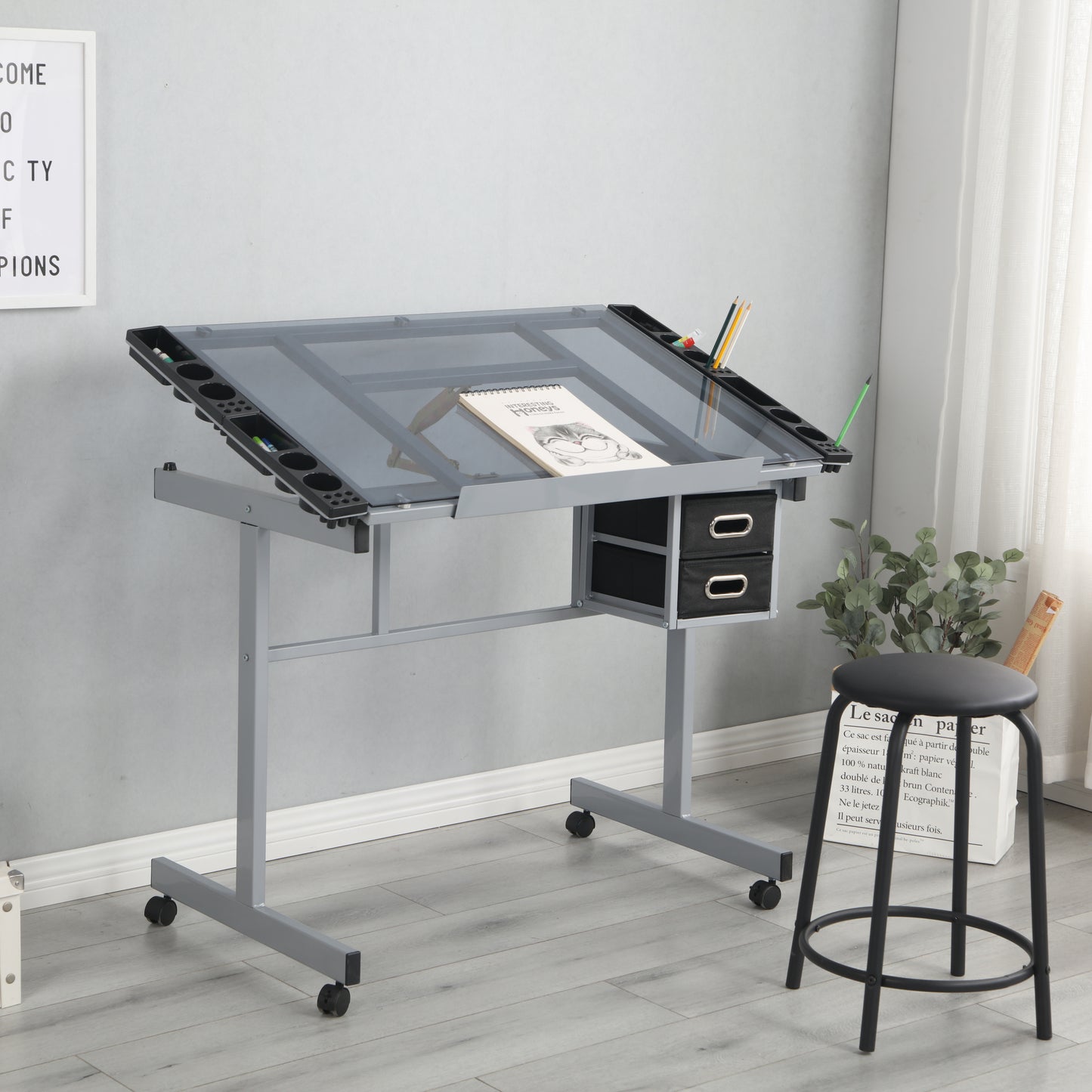 Adjustable Art Drafting Desk with Drawers and Wheels