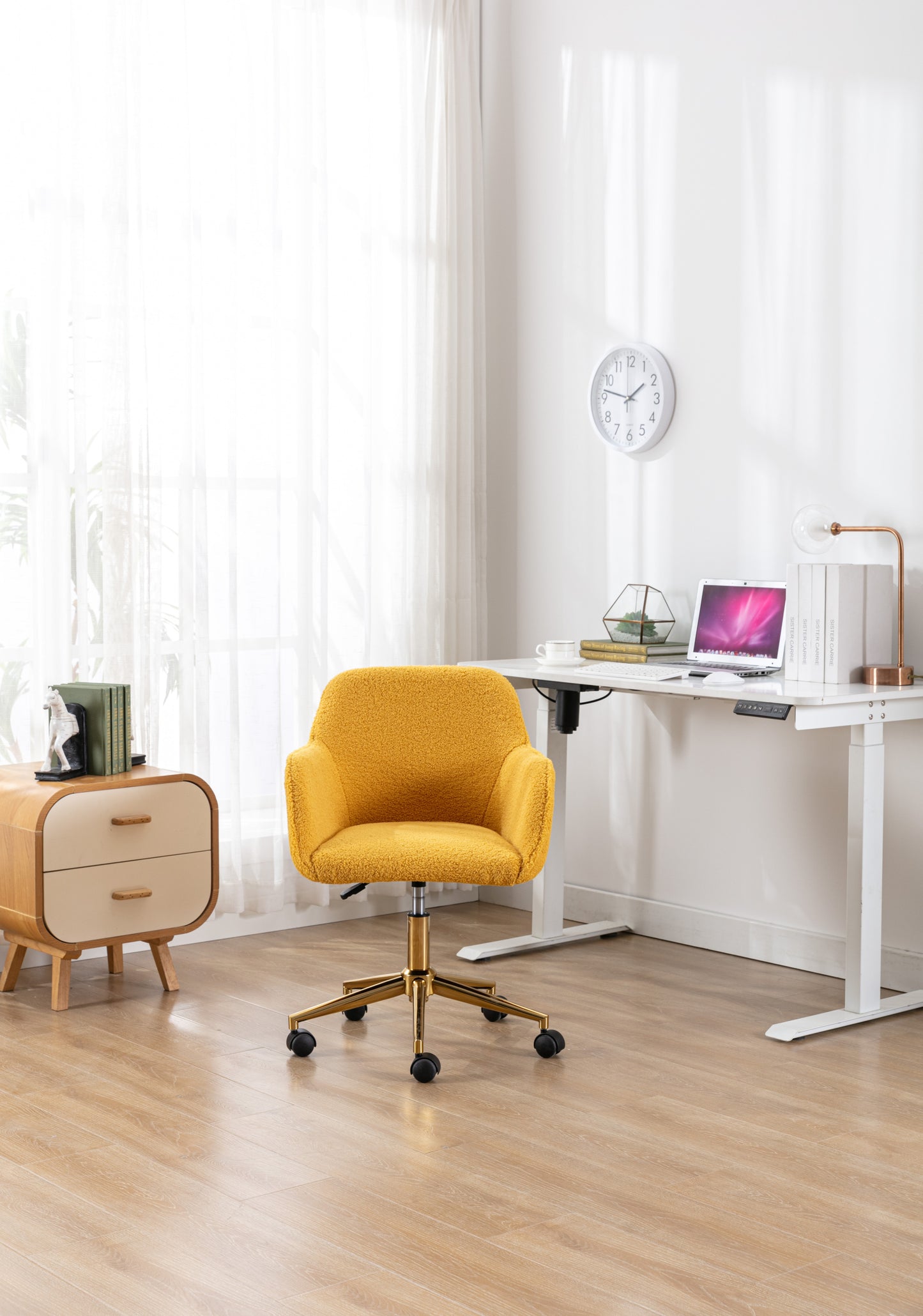 Modern Yellow Plush Fabric Home Office Chair with Wheels