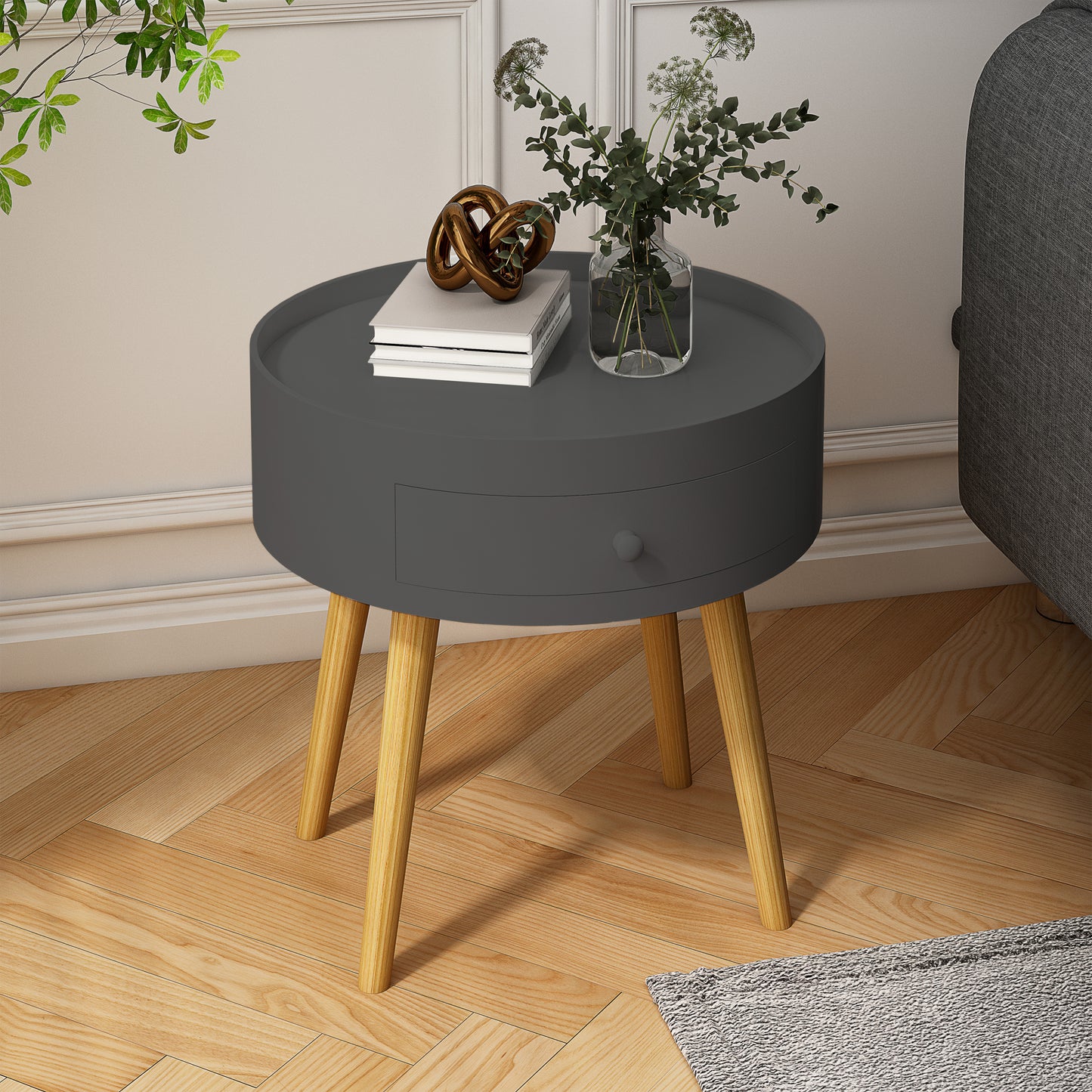 Gray Round Modern Side Table with Drawer