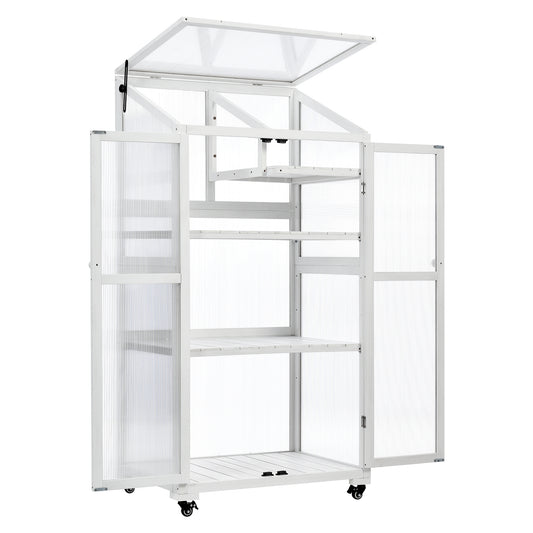 Small Greenhouse on Wheels with Adjustable Shelves for Outdoor or Indoor Use, 62inches tall, White