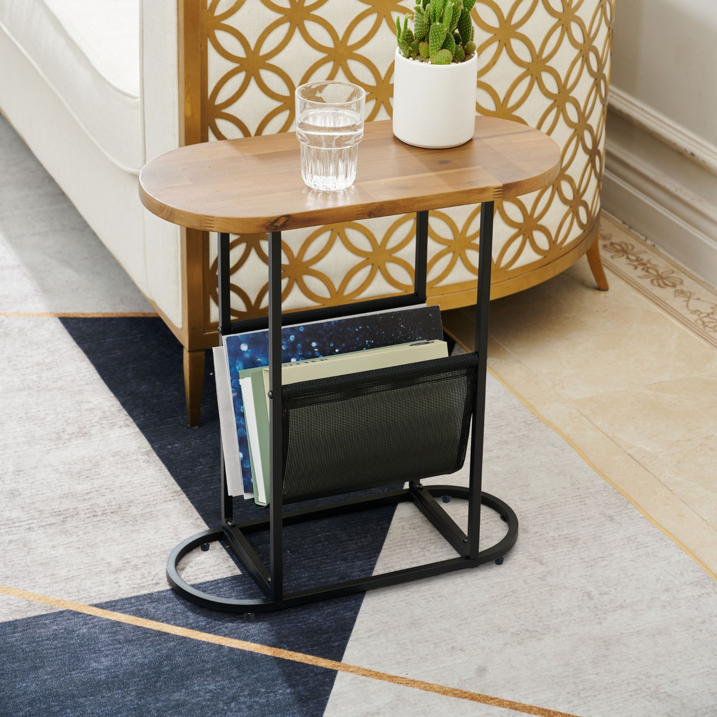 Acacia Oval Side Tables with Magazine Rack (Set of 2)