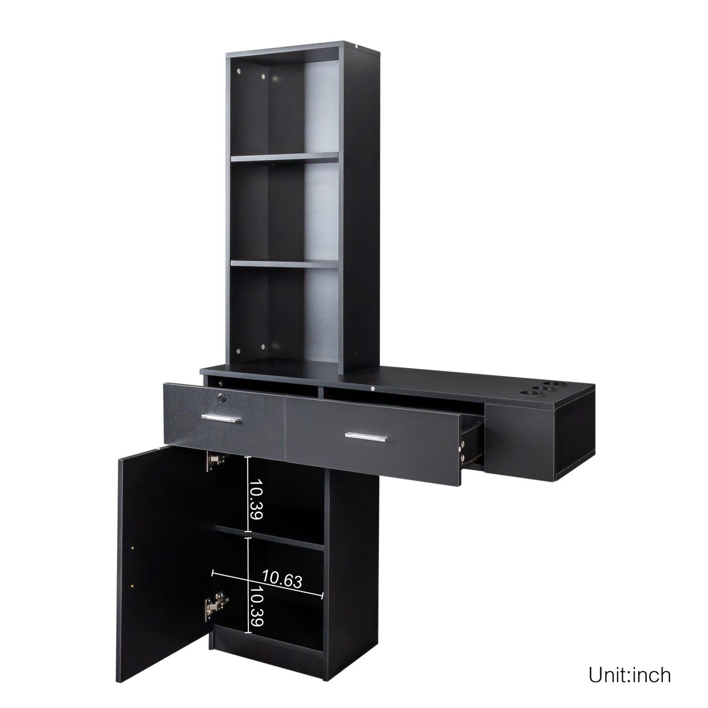 Black Modern Vanity with Shelves and Hair Styling Tool Storage