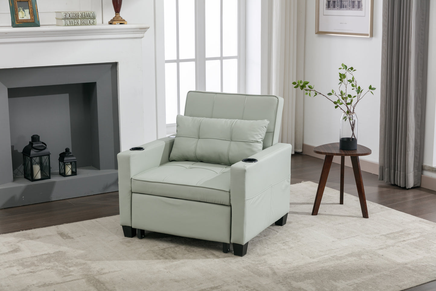 Green Leather Convertible Accent Chair 3-in-1 Pull Out Sleeper Chair with USB Ports