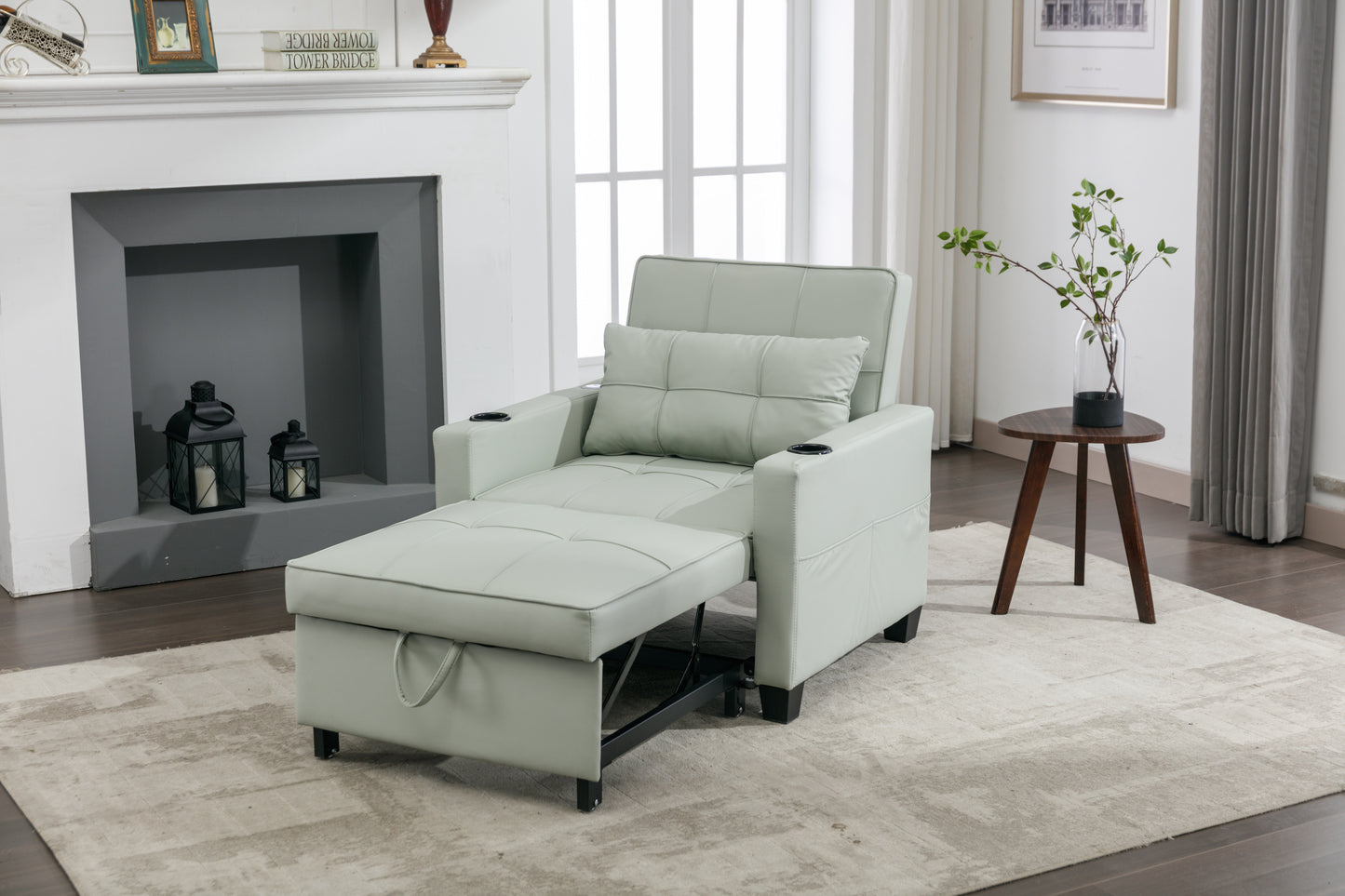 Green Leather Convertible Accent Chair 3-in-1 Pull Out Sleeper Chair with USB Ports