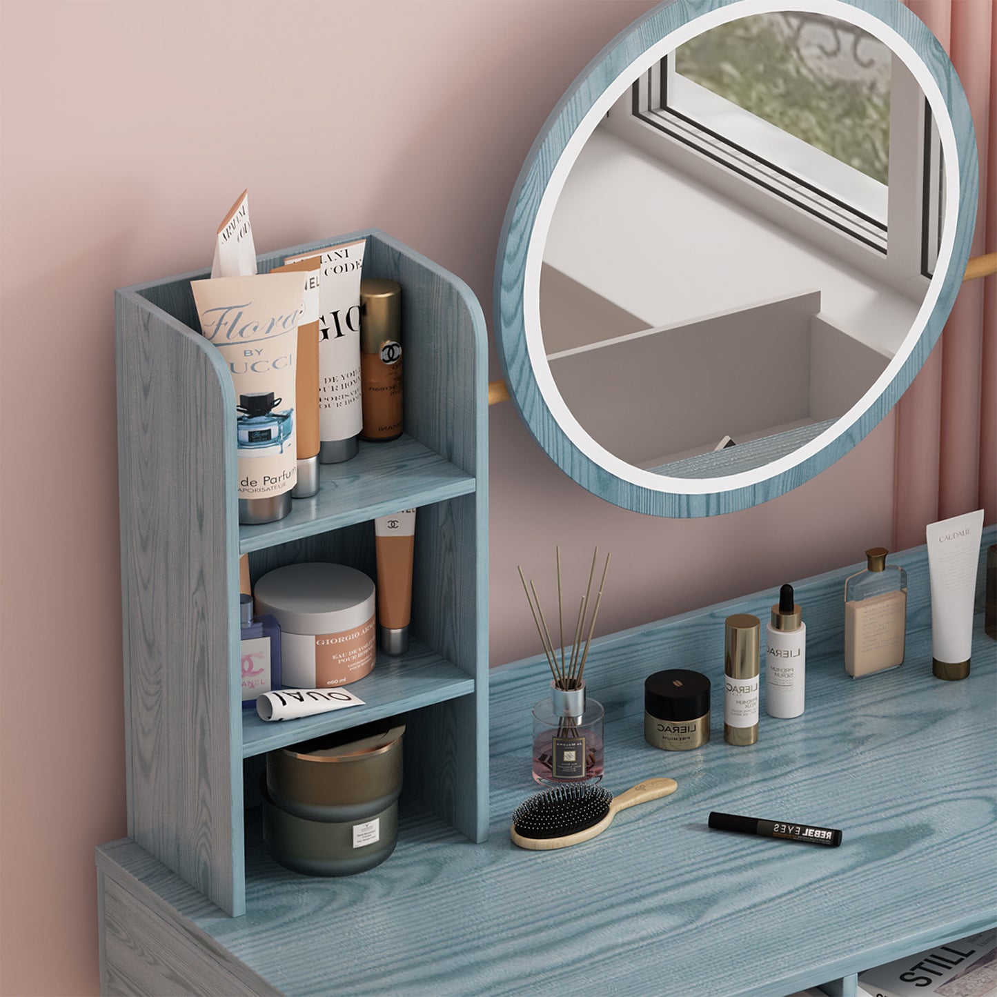 Blue Vanity Desk with Mirror and Lights