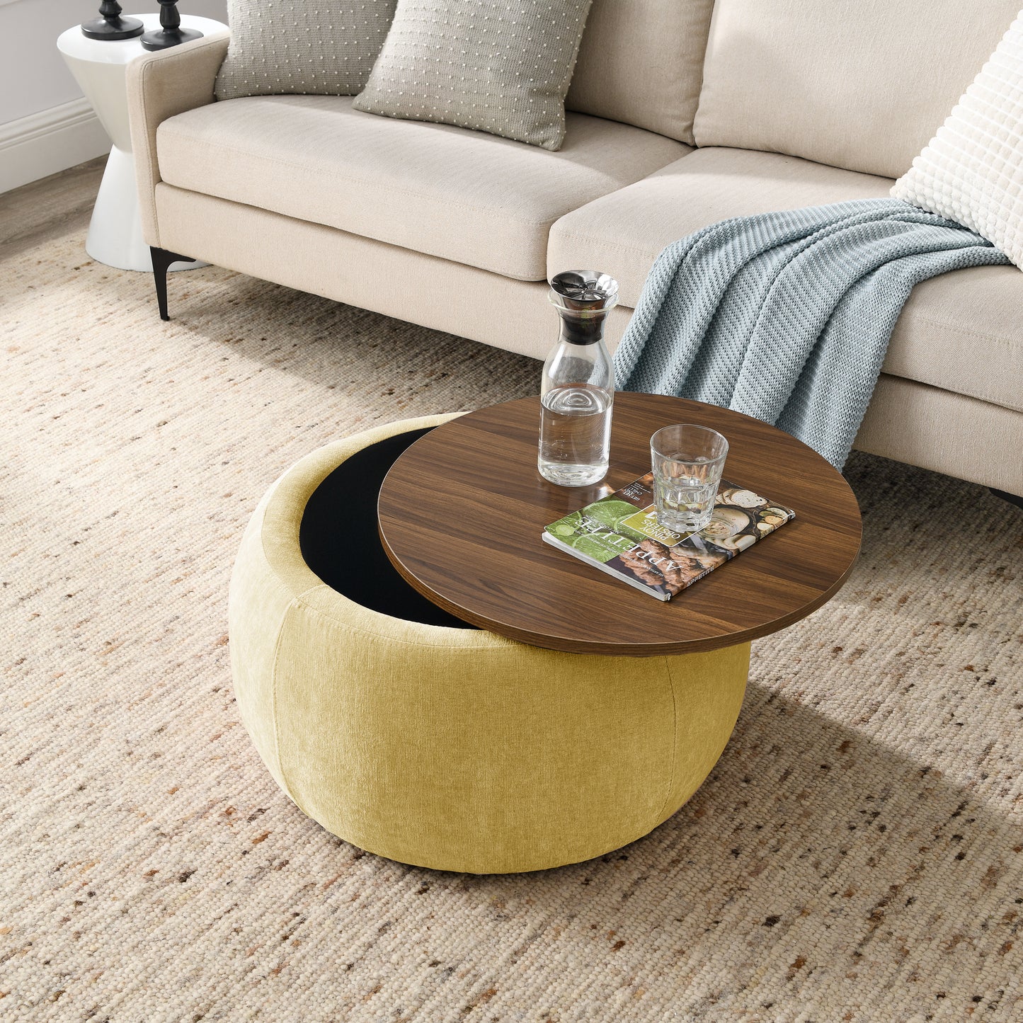 Round Storage Ottoman, Yellow