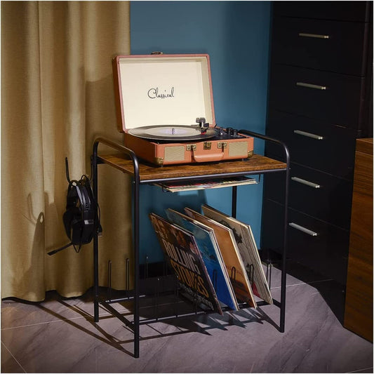 Industrial Record Player Stand with Record Storage