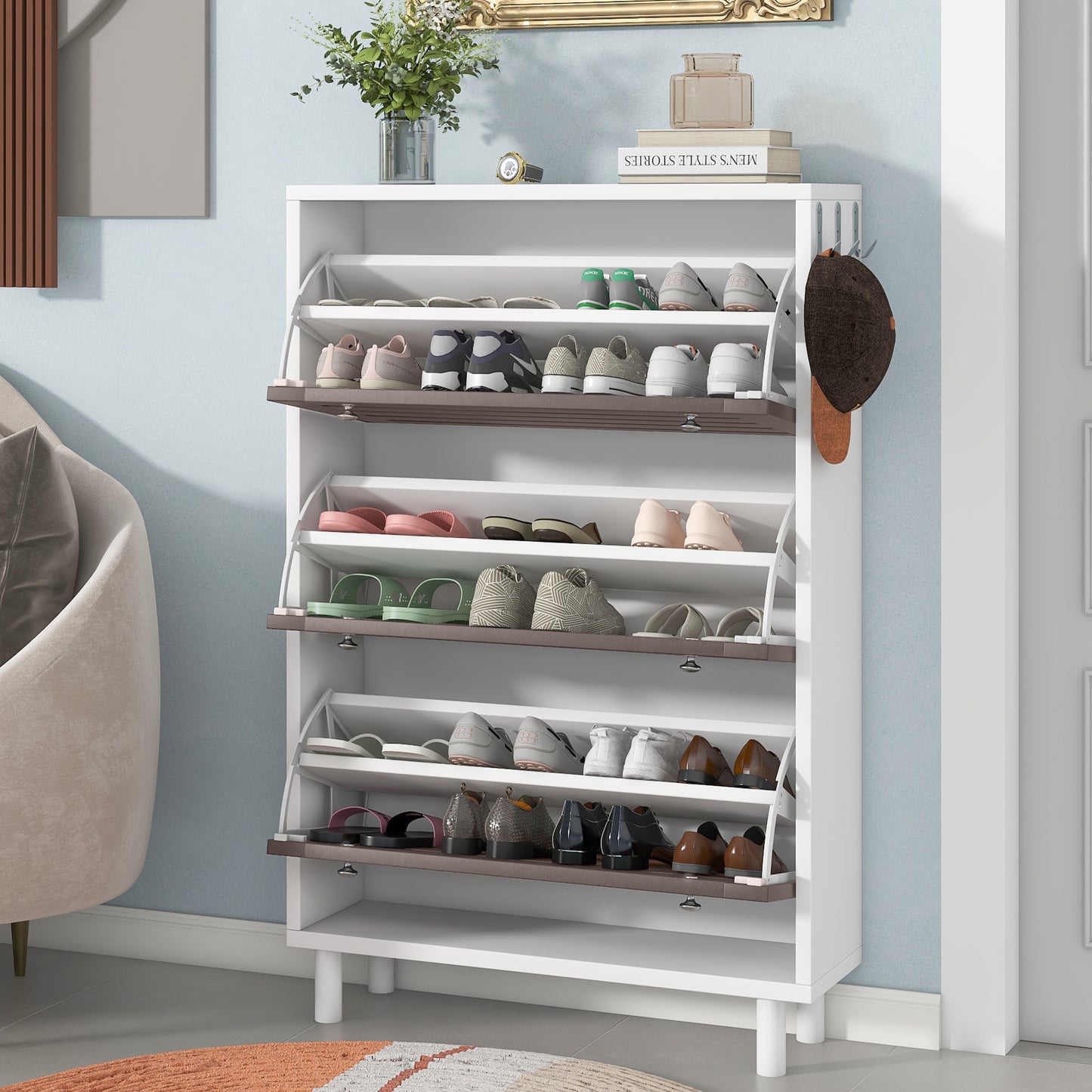 Minimalist Slim Shoe Cabinet with Hanging Hooks