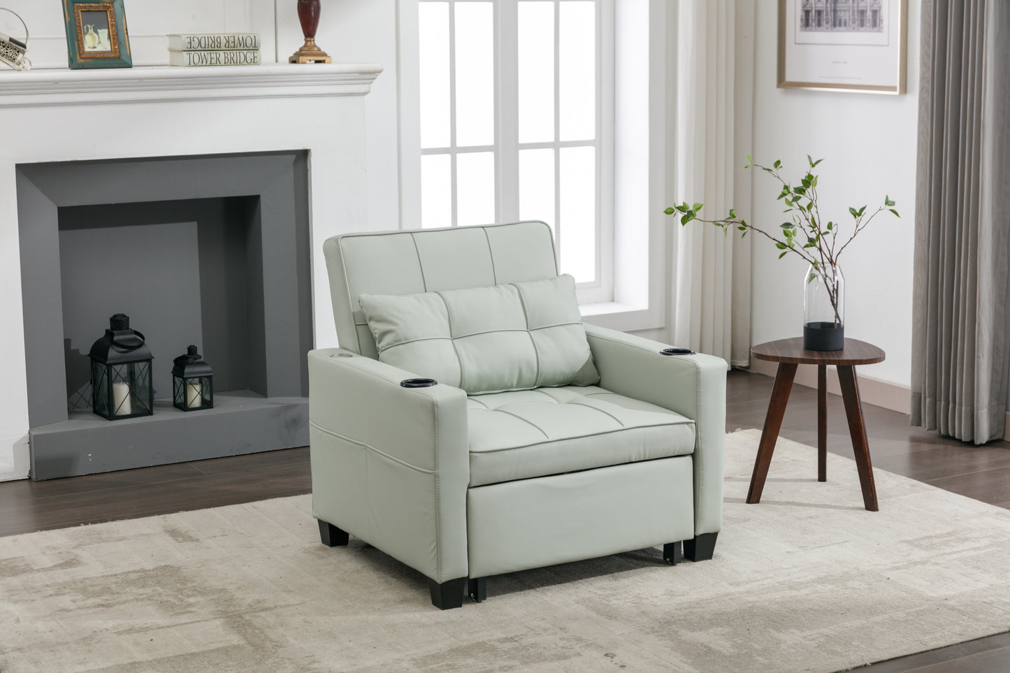 Green Leather Convertible Accent Chair 3-in-1 Pull Out Sleeper Chair with USB Ports