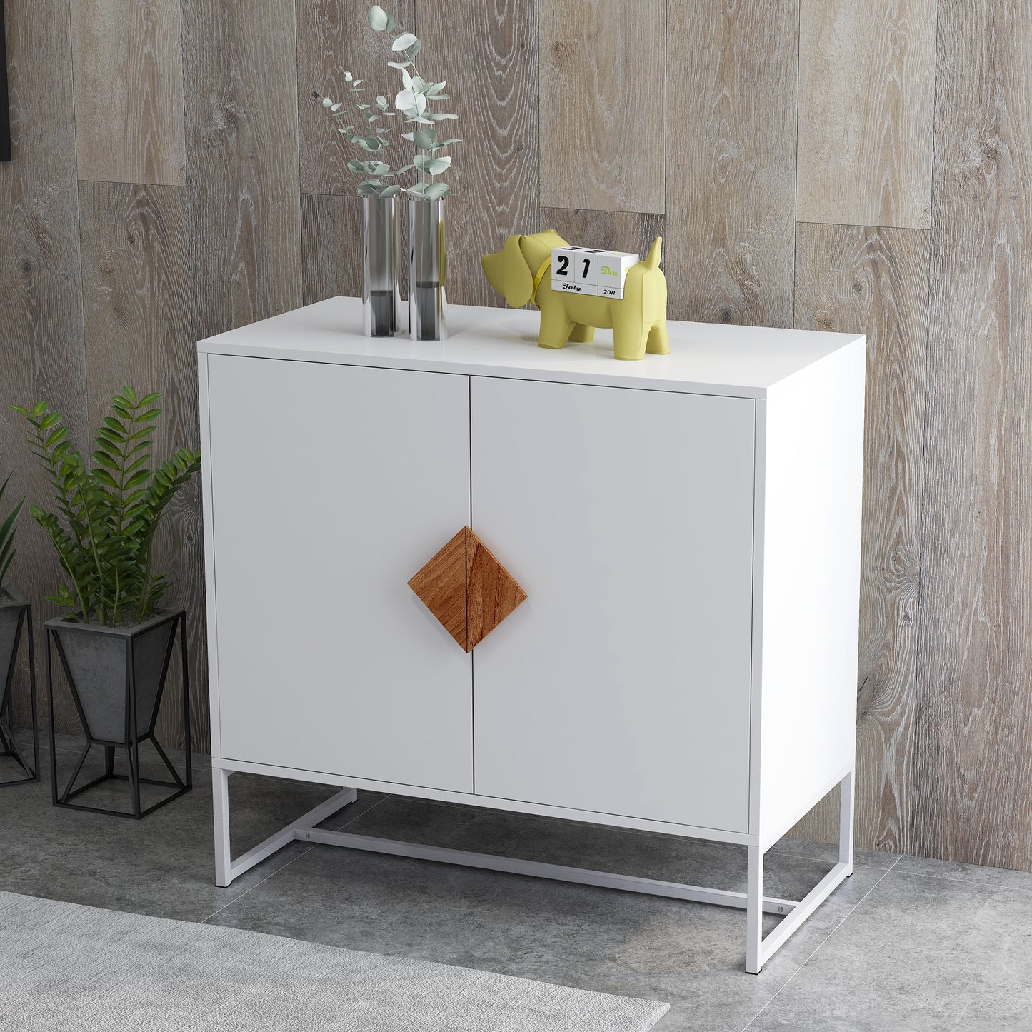 Minimalist White Storage Cabinet with Wood Handle