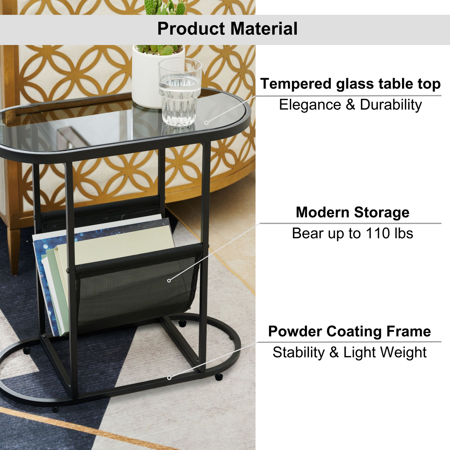 Glass Oval Small Side Tables with Magazines Organizer Storage Space (Set of 2)