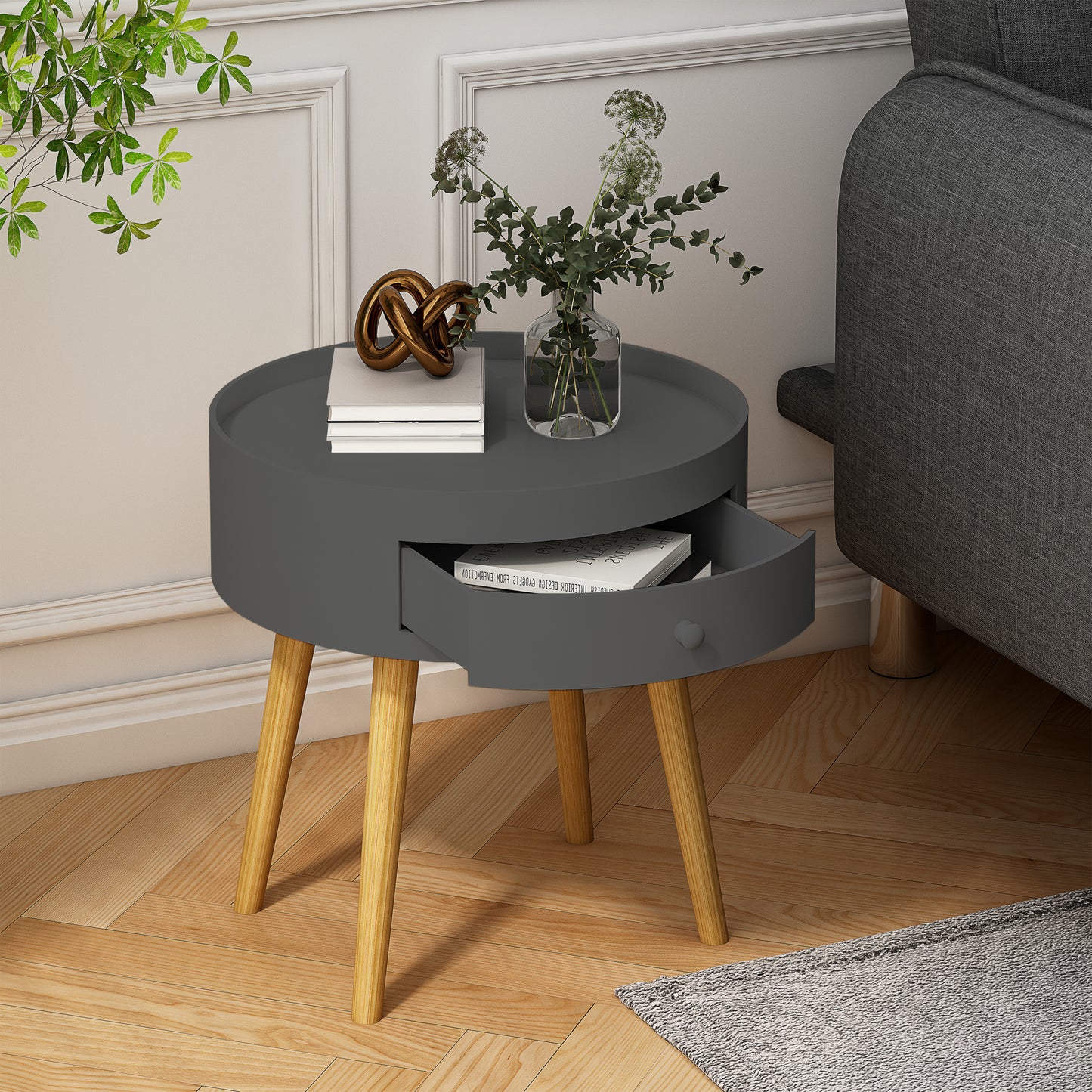 Gray Round Modern Side Table with Drawer