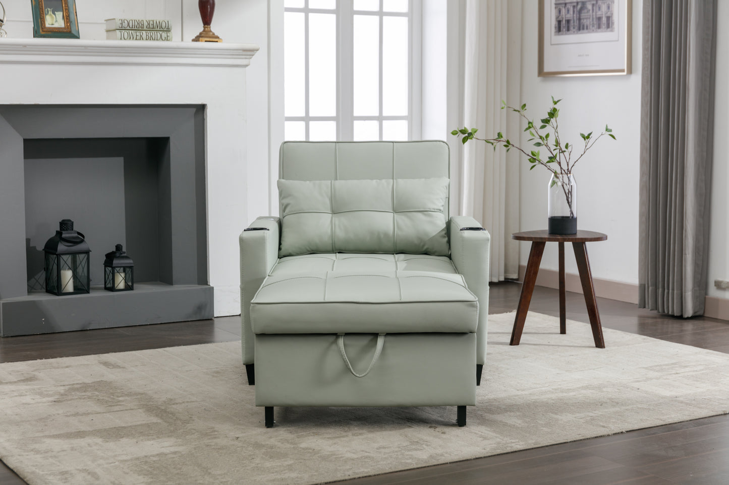 Green Leather Convertible Accent Chair 3-in-1 Pull Out Sleeper Chair with USB Ports