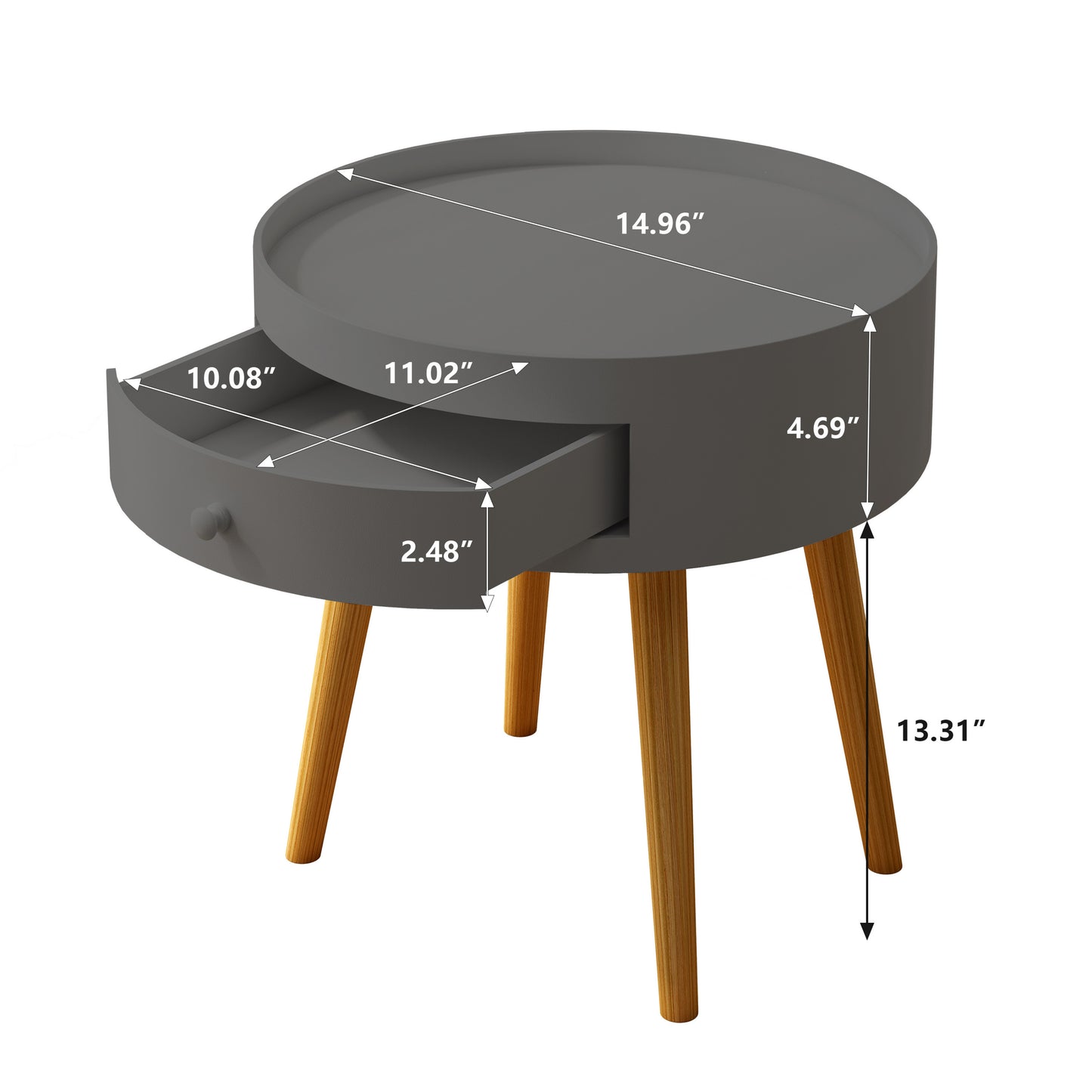 Gray Round Modern Side Table with Drawer