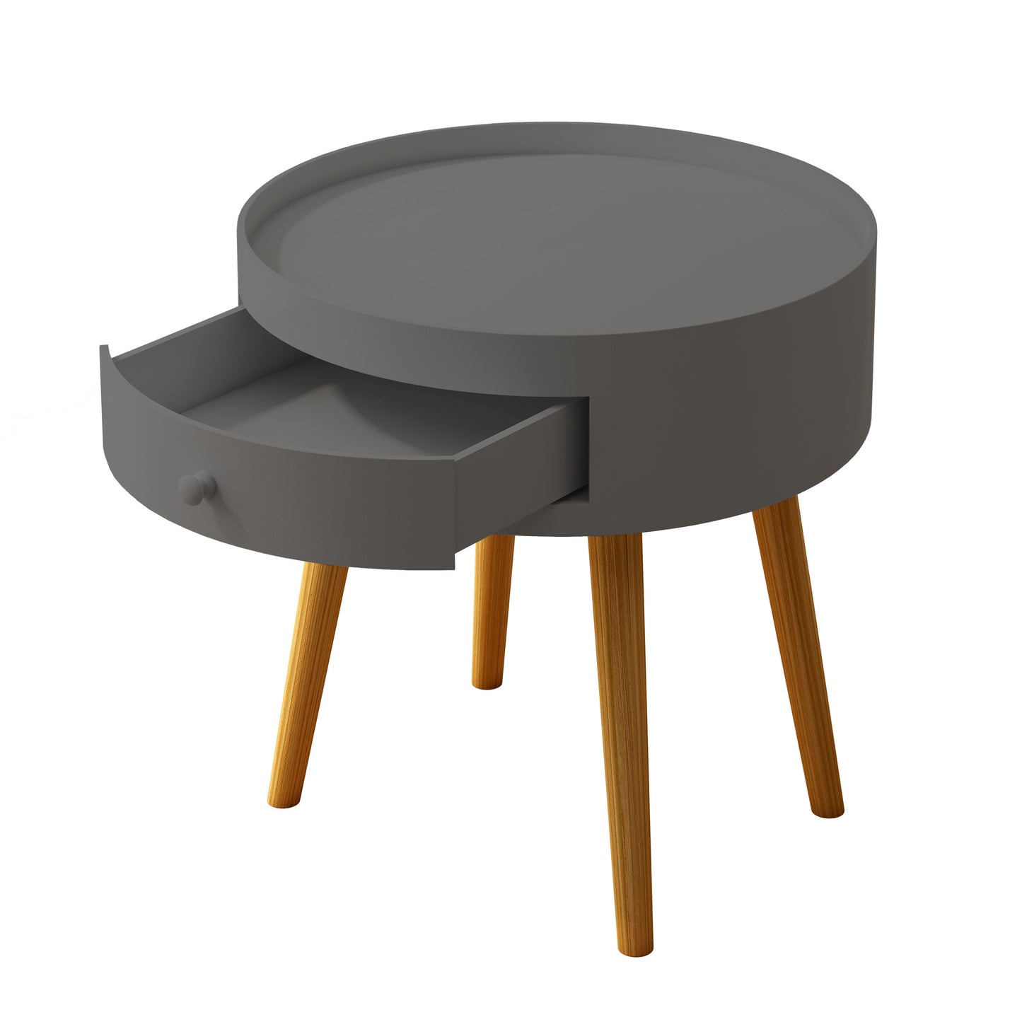 Gray Round Modern Side Table with Drawer