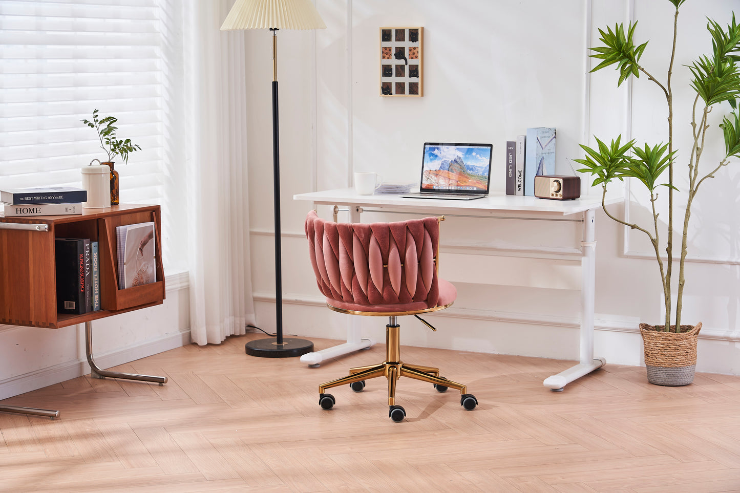 Pink Fabric Woven Office Chair with Adjustable Swivel Wheels and Gold Base