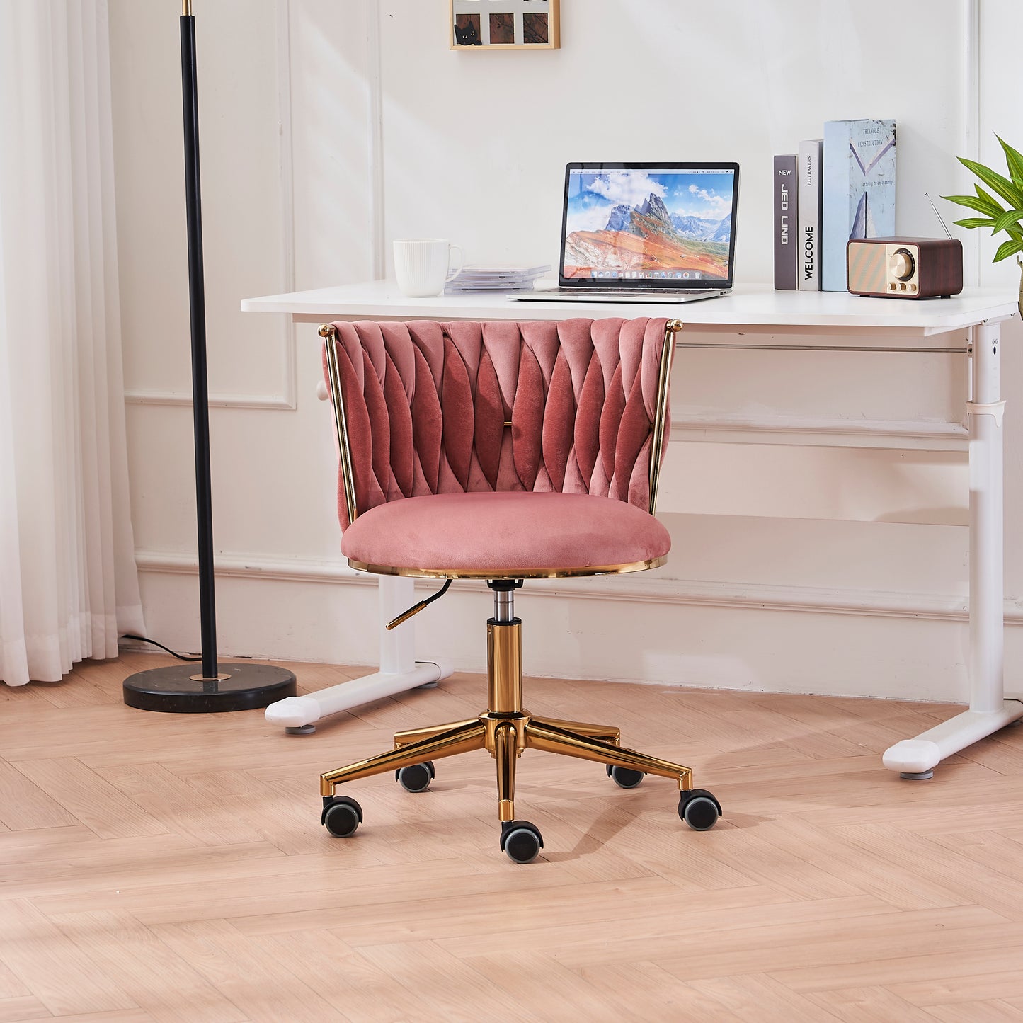 Pink Fabric Woven Office Chair with Adjustable Swivel Wheels and Gold Base