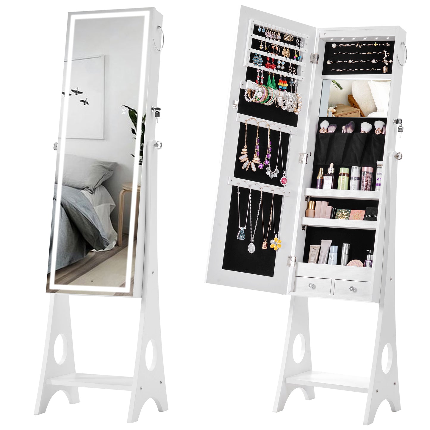 Standing Jewelry Storage Mirror Cabinet With LED Lights