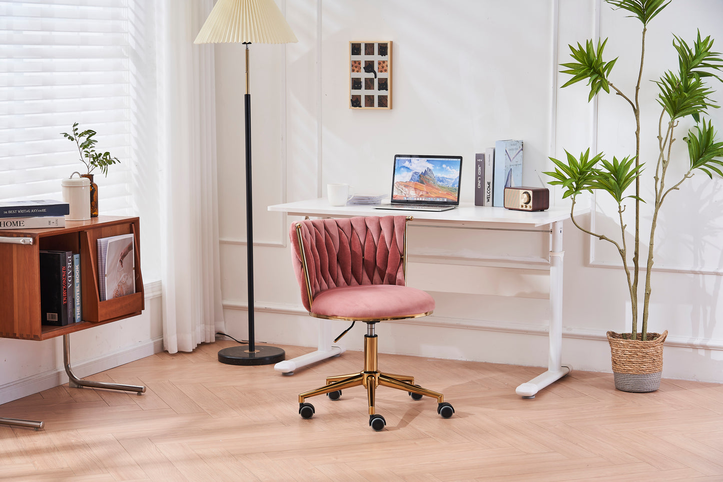 Pink Fabric Woven Office Chair with Adjustable Swivel Wheels and Gold Base