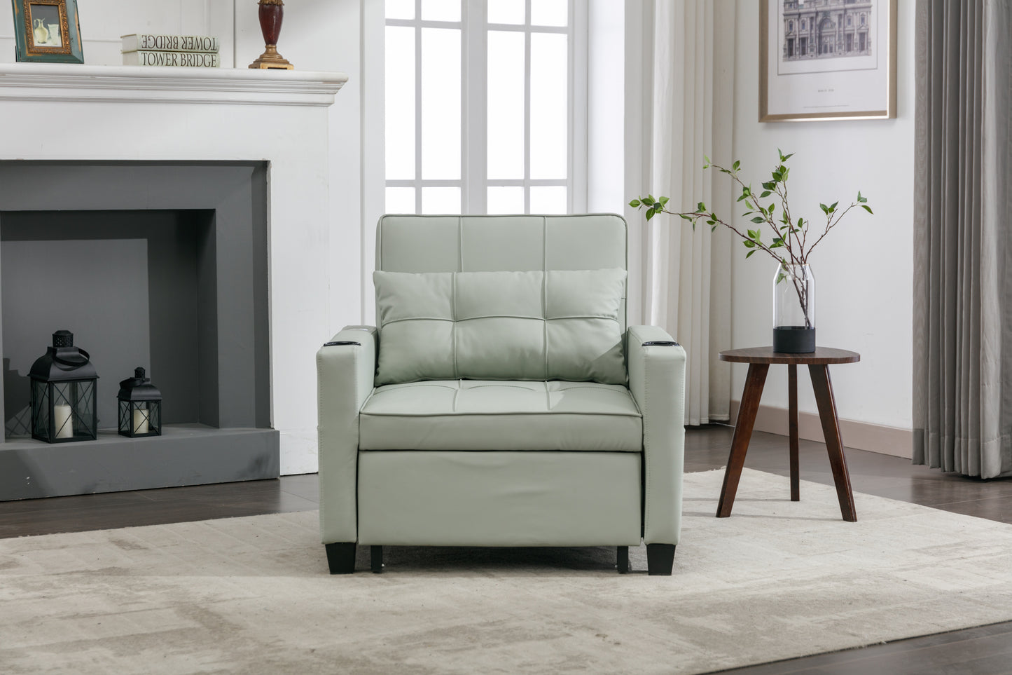 Green Leather Convertible Accent Chair 3-in-1 Pull Out Sleeper Chair with USB Ports