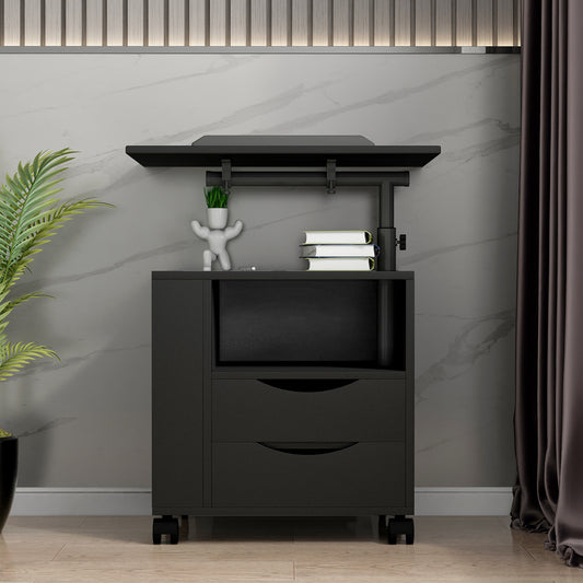 Black Height Adjustable End Table Nightstand with Swivel Top and Wheels