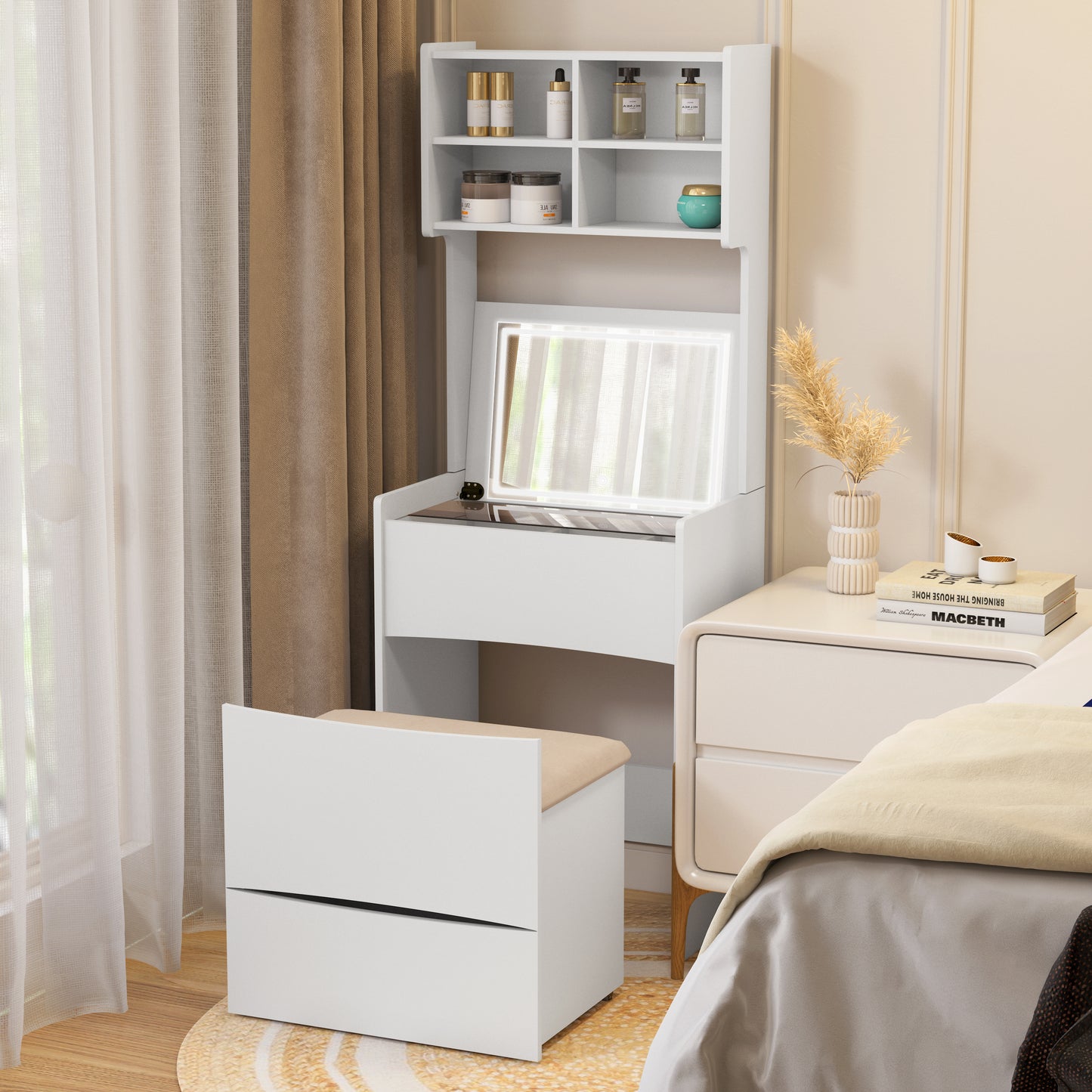 Bedroom Vanity with Storage and Illuminated Mirror