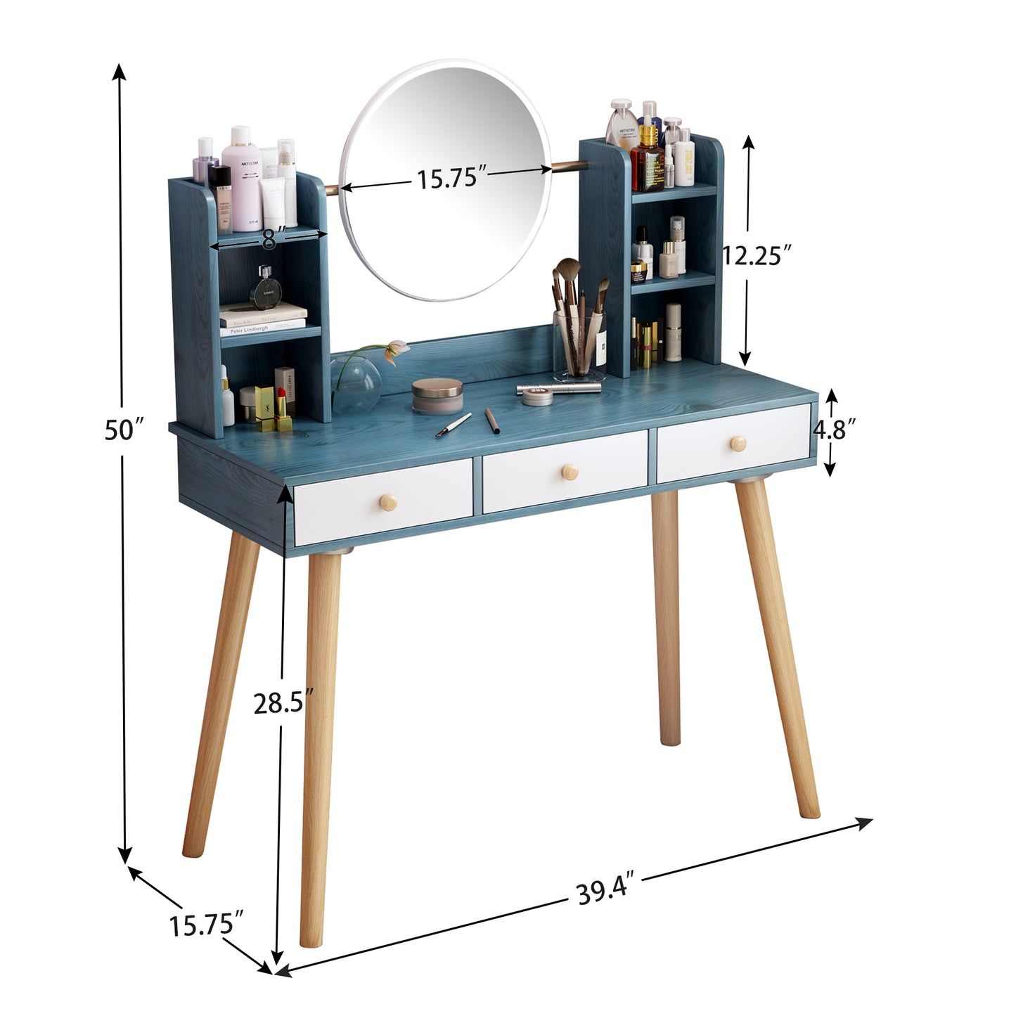 Blue Vanity Desk with Mirror and Lights