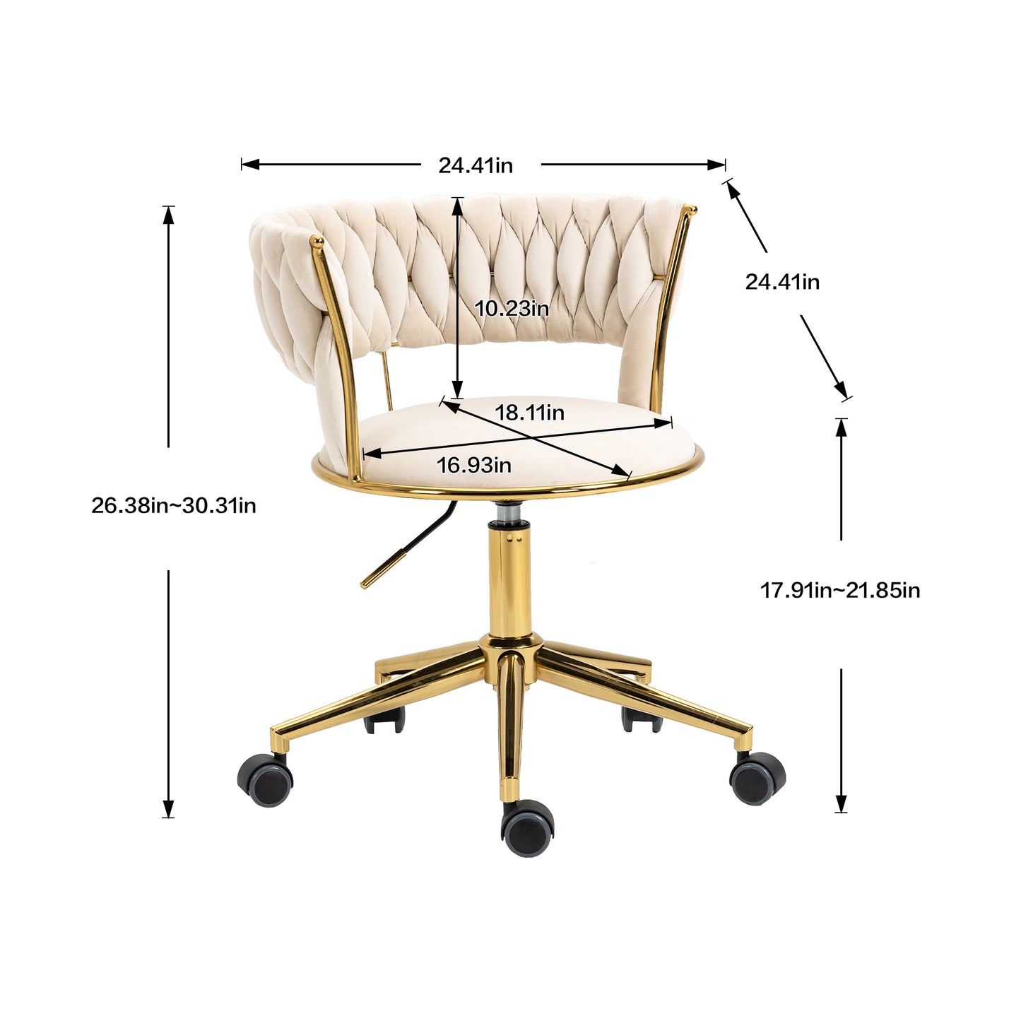 Padded Velvet Woven Back Desk Chair, Cream and Gold