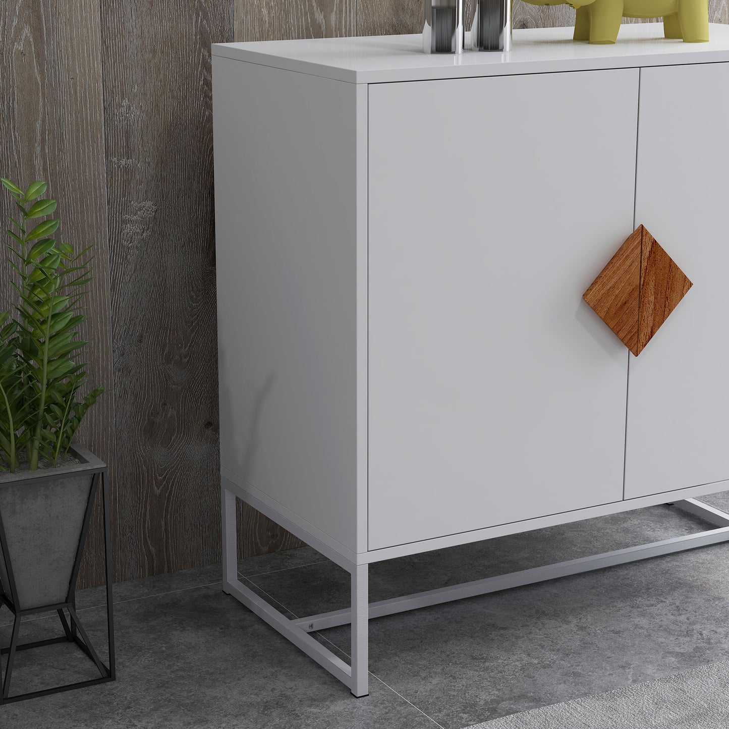 Minimalist White Storage Cabinet with Wood Handle