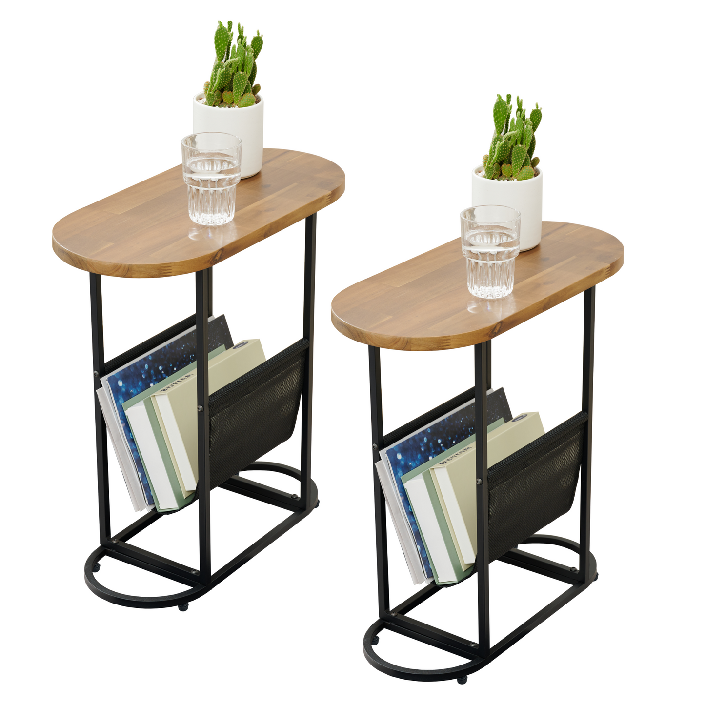 Acacia Oval Side Tables with Magazine Rack (Set of 2)