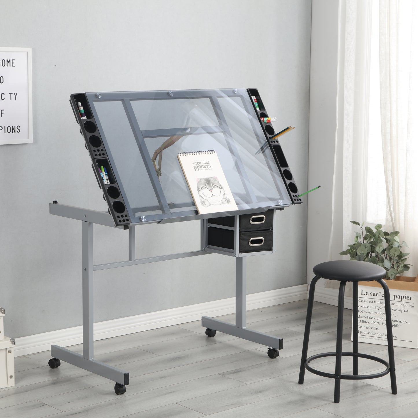 Adjustable Art Drafting Desk with Drawers and Wheels